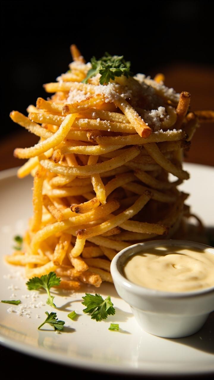 Thin crisp shoestring fries piled high on a flat white plate lightly dusted with grated Parmesan a small dish of aioli for dipping and a few scattered parsley leaves