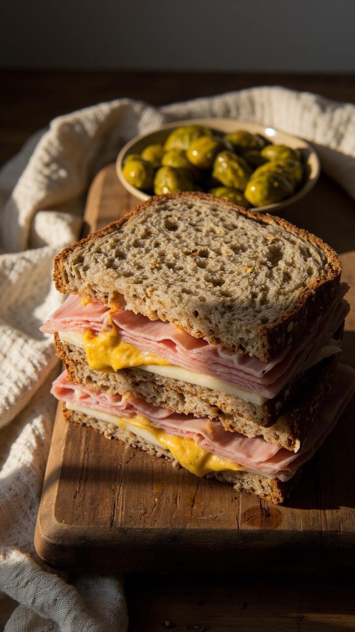 Two slices of whole grain bread on a wooden board with layers of thin ham and pale Swiss cheese, a smear of Dijon visible at the edge, a small pile of dill pickles on the side, linen napkin, natural window light