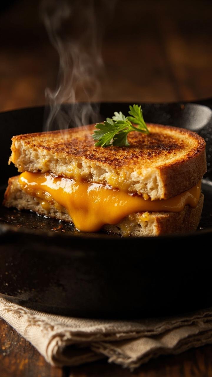 Cross section of a grilled sandwich on a cast iron skillet with melted cheddar oozing slightly, golden crisp bread edges, a sprig of parsley on the side, rustic napkin