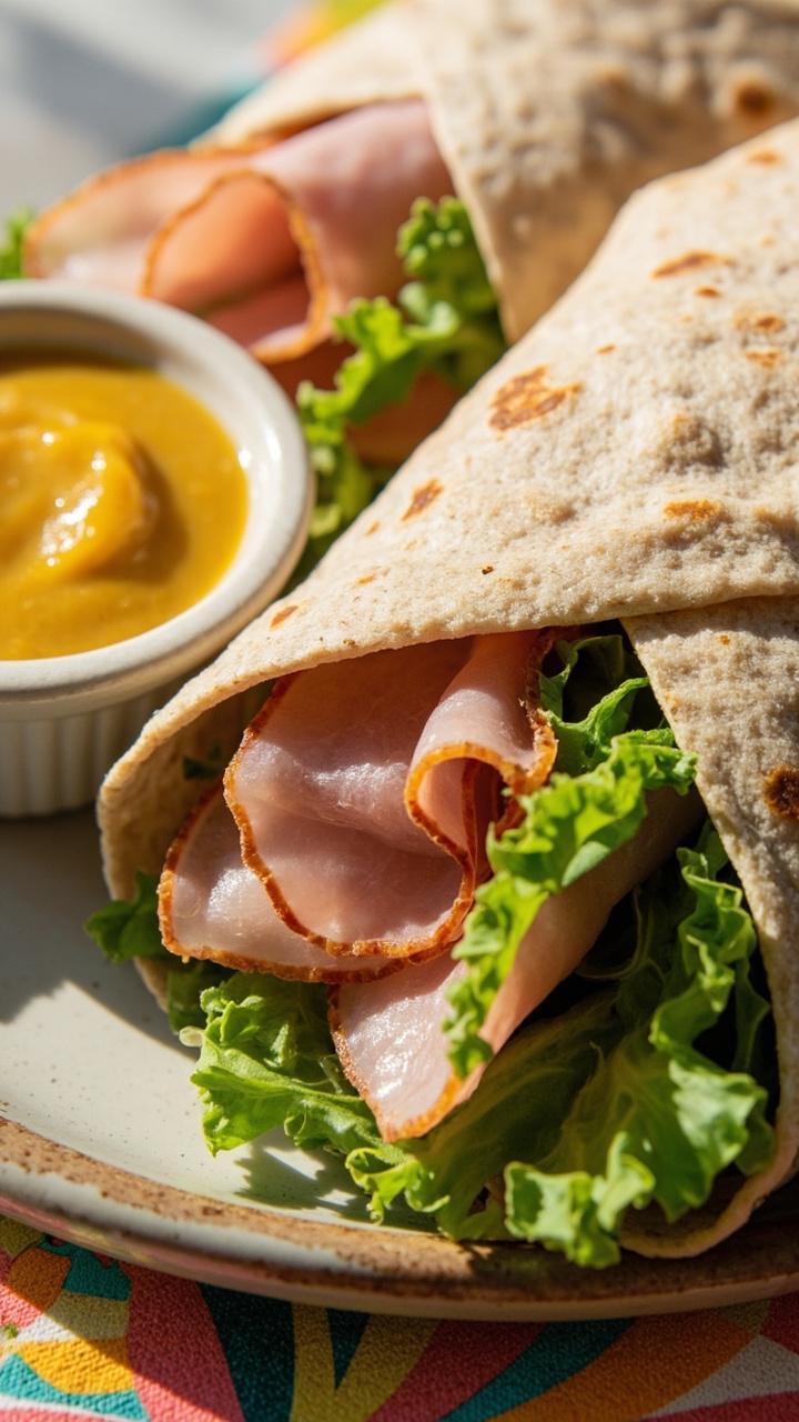 A whole wheat tortilla tightly folded and sliced in half on a plate with visible ham layers and green lettuce, small ramekin of honey mustard nearby, bright kitchen towel