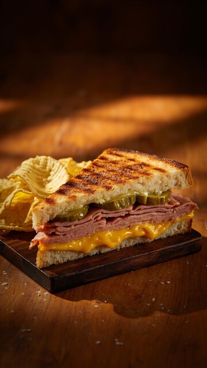 Pressed sandwich cut in half to show ham, cheese, and thin dill pickle slices, served on a narrow wooden board with a side of kettle chips, warm amber light