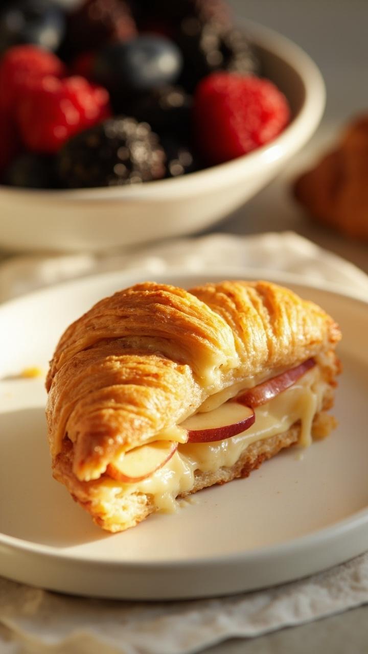 Half croissant sandwich on a small white plate, soft brie oozing slightly, thin apple slices peeking out, a small bowl of mixed berries in the background