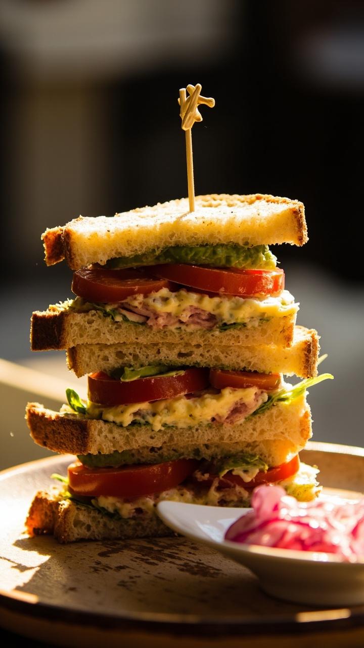 Triple layer sandwich on toothpicks with visible avocado slices and tomato, golden toast, small dish of pickled onions on the side, sunlit table
