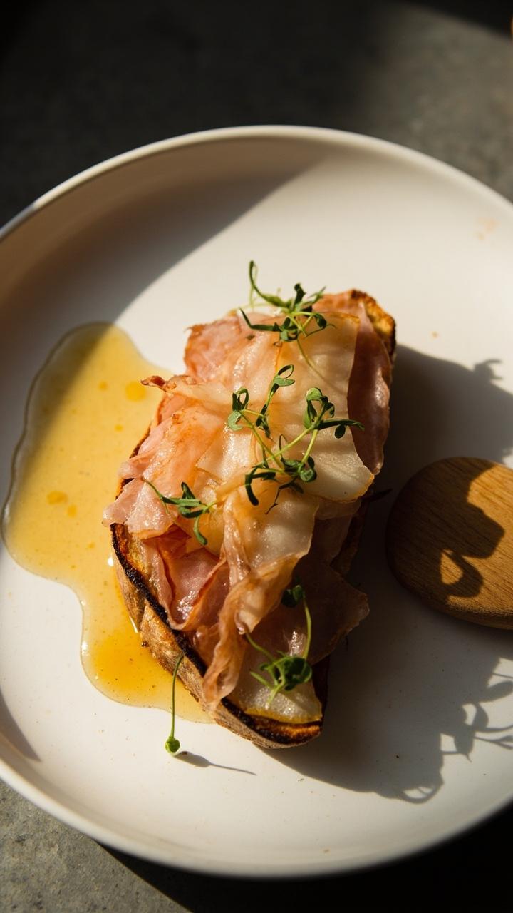 A single open toast topped with ham slices, thin pear slices, small drizzle of honey, microgreens scatter, white plate and a wooden spreader