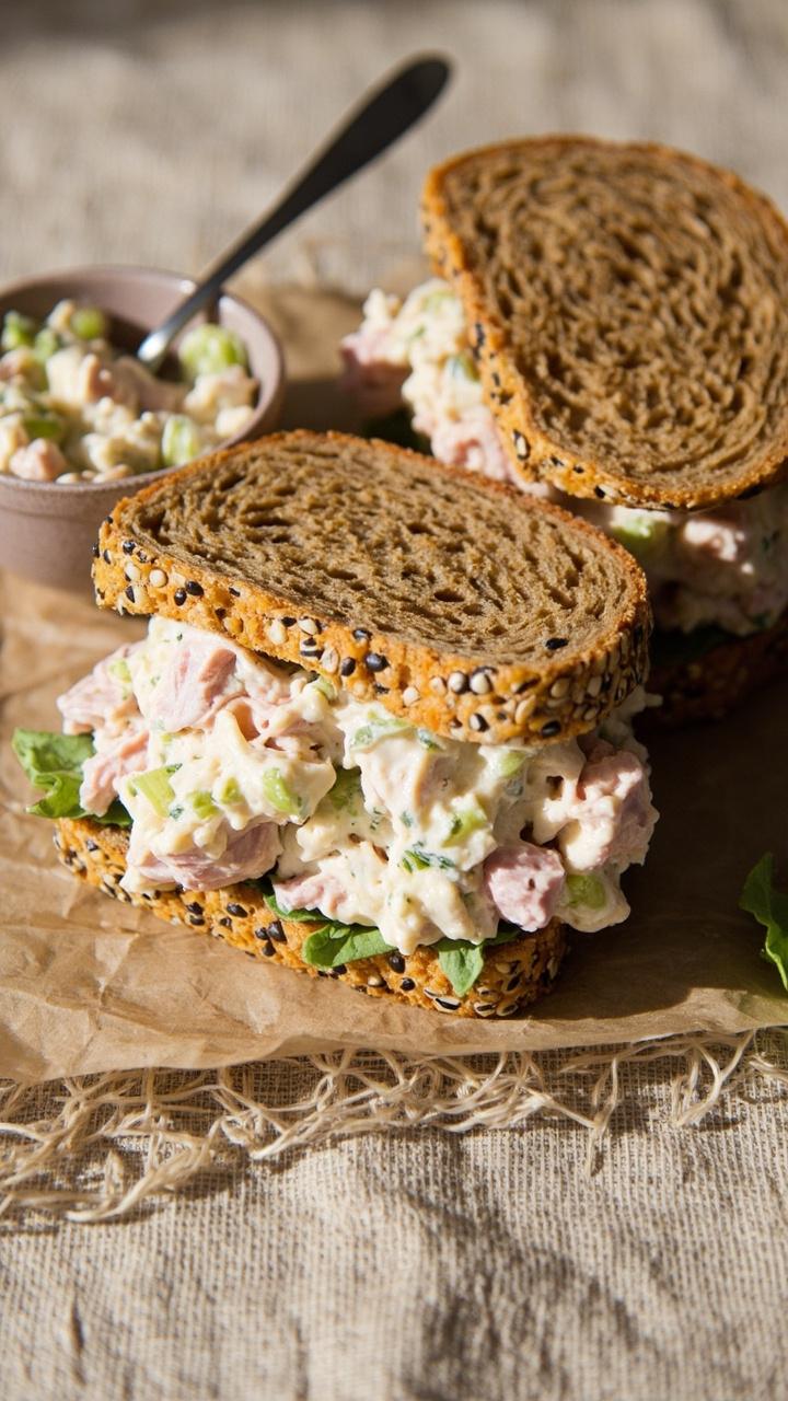 Two slices of seeded bread with creamy ham salad piled between, celery bits visible, small bowl of extra ham salad with spoon, linen placemat