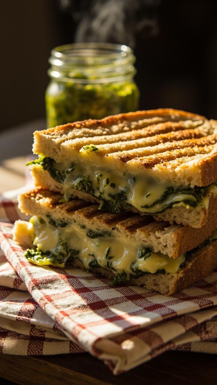 Pressed panini sliced on a diagonal showing melted cheese and green pesto streaks, small jar of pesto nearby, checkered cloth