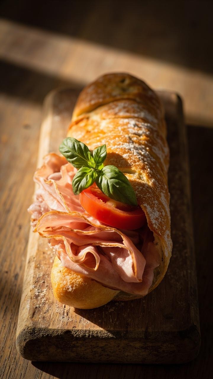 Half baguette sandwich on a long wooden board with visible thin ham folds and bright tomato slices, small bunch of basil leaves, natural tabletop
