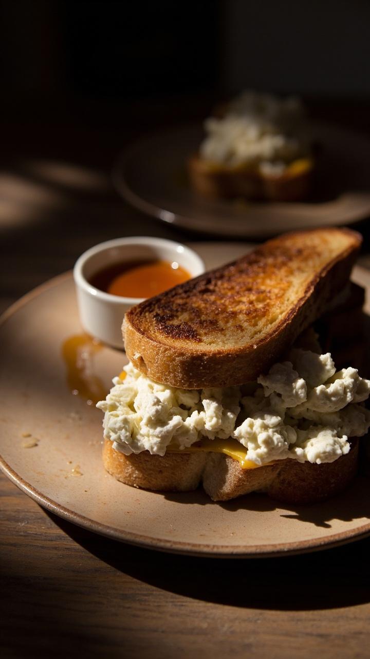 Sandwich on rustic plate with crumbly goat cheese peeking out and a faint glaze sheen, small dish of maple syrup beside it, soft morning light