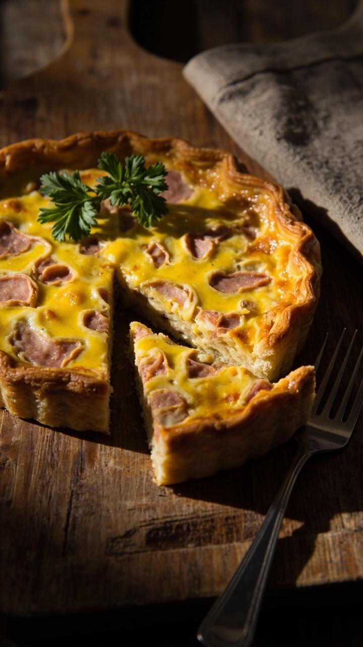 A golden quiche whole on a wooden board with one slice removed. The slice shows a tender yellow interior studded with pink ham and pale Swiss pockets. A sprig of parsley rests on the cut edge. A folded linen napkin and a fork sit beside the board.