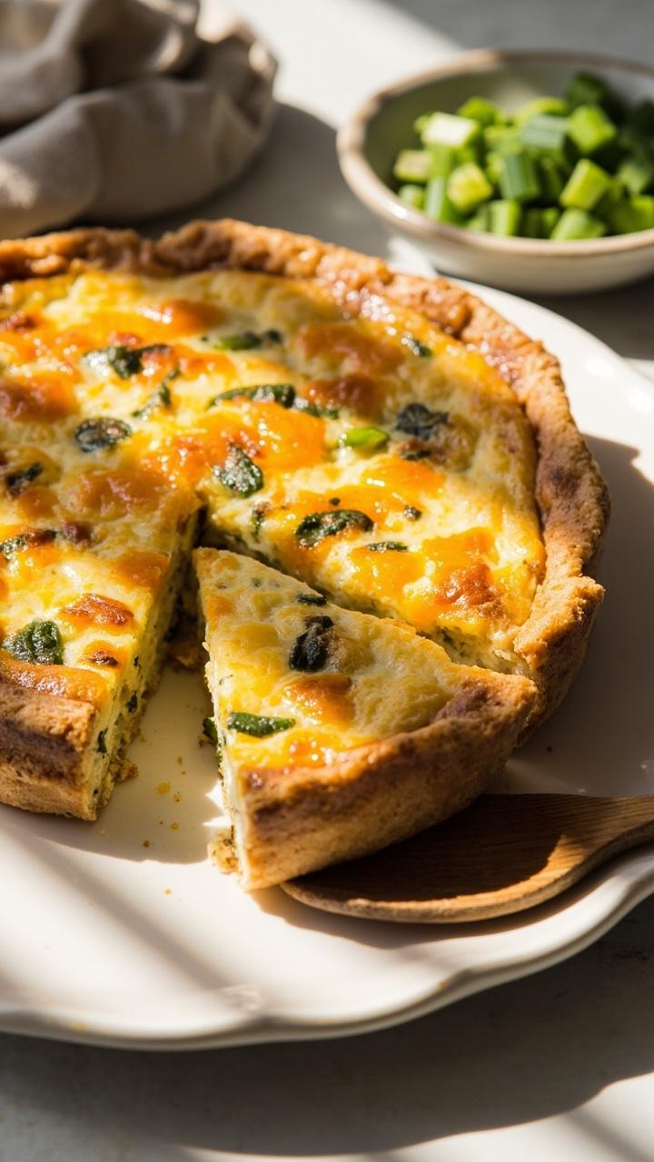 A round quiche on a white ceramic plate with slices showing orange flecks of cheddar and green scallion pieces. A small bowl of extra chopped scallion sits nearby. A wooden serving spoon rests on the plate rim.
