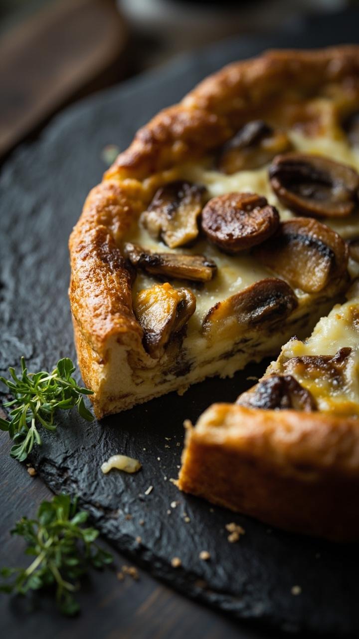 A sliced quiche on a slate serving board. Visible slices of golden brown mushroom and melted pale Gruyere peek through a creamy interior. A few sautéed mushroom halves placed on top as garnish and a small pile of microgreens on the side.