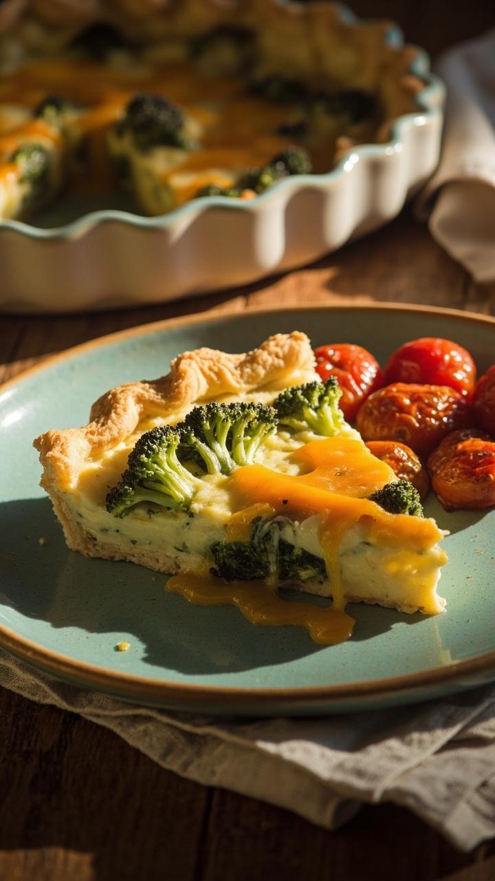 A slice of quiche on a light blue plate with a visible chunk of broccoli and melted cheddar strings. A small side of roasted cherry tomatoes and a cloth napkin complete the scene.