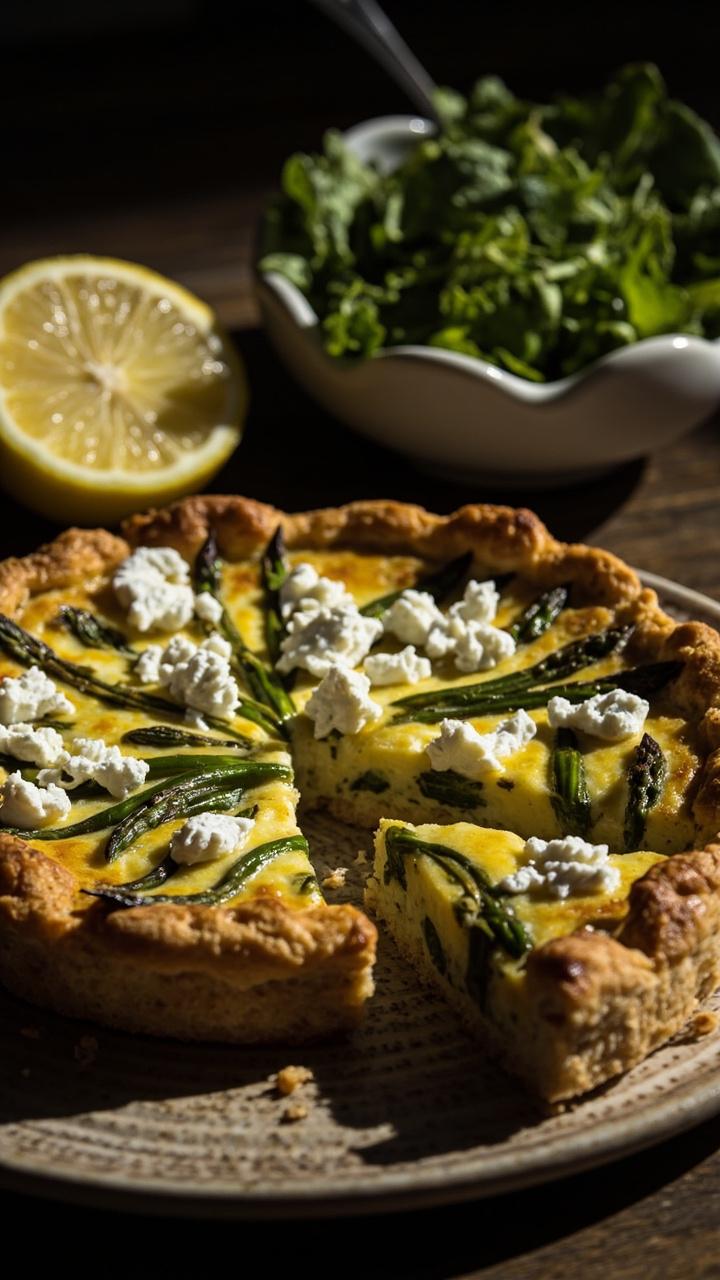 A half cut quiche on a ceramic platter with spears of roasted asparagus arranged on top. Crumbles of white goat cheese dot the surface. A lemon wedge and small bowl of salad sit nearby.