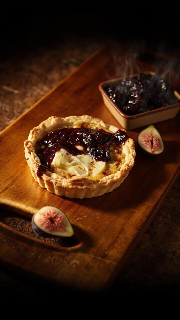 A quiche with a glossy top and a thin line of fig jam swirled across the surface. Slices of brie visible under a golden crust. A small dish of extra fig jam and a few fig halves on the board.