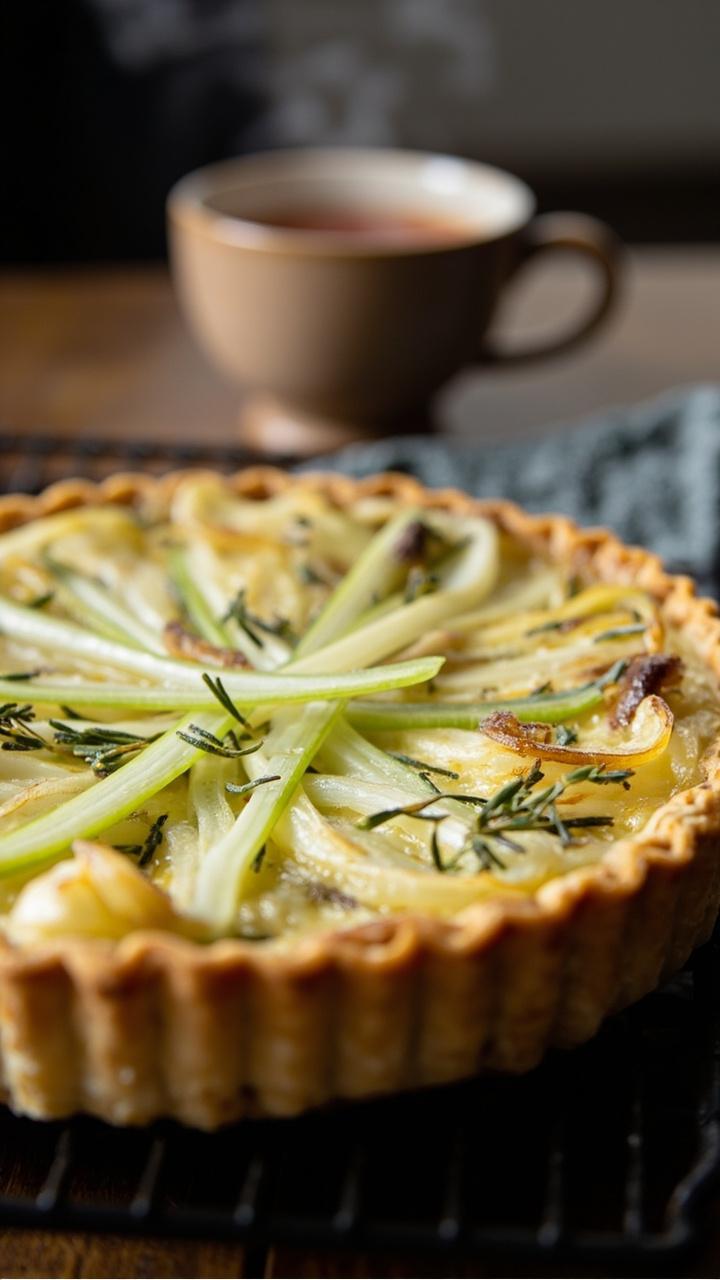 A whole quiche on a wire rack with long translucent leek ribbons visible on top. The crust is golden and a few fresh thyme sprigs are placed for color. A cup of tea sits in the background.