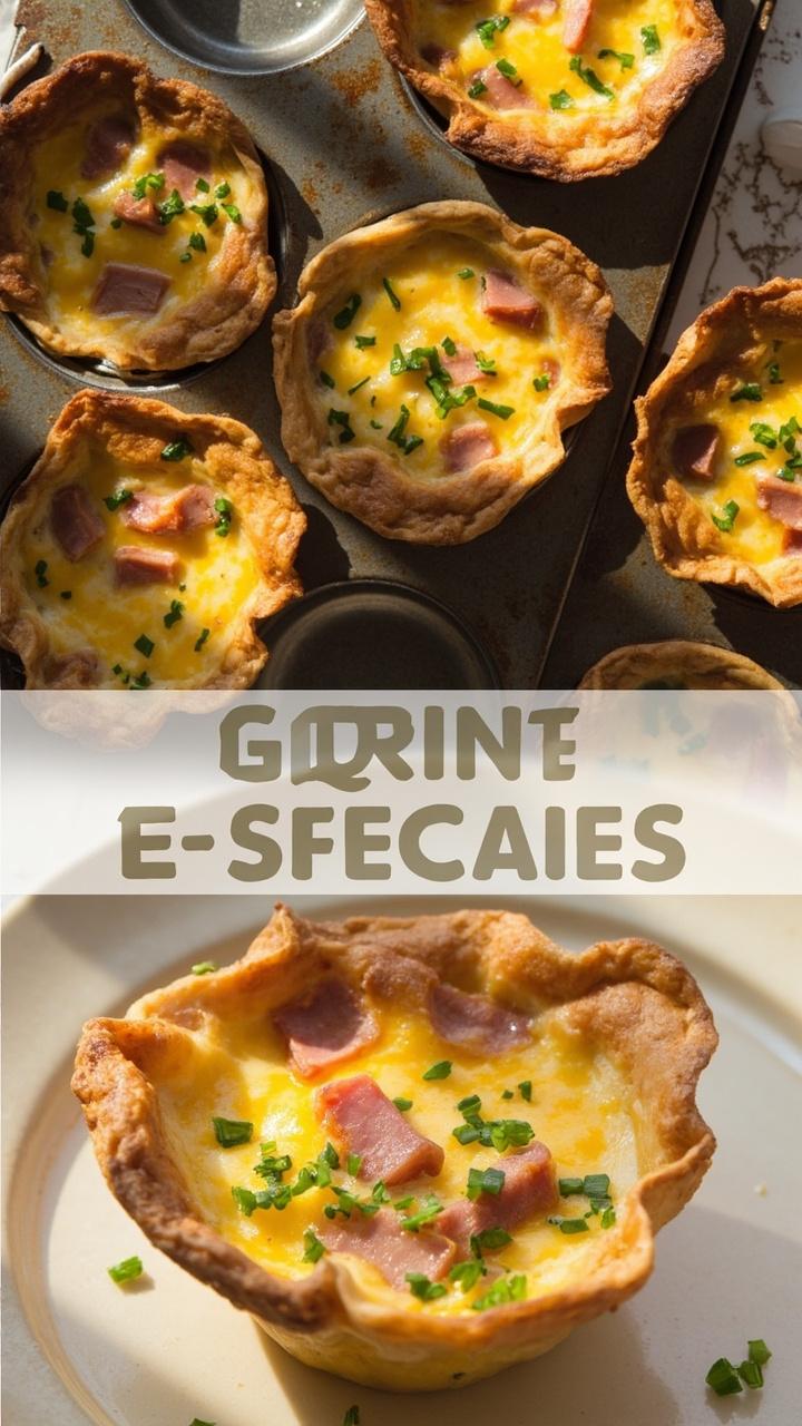 A muffin tin with six golden mini quiche cups. One cup is removed and placed on a small plate showing a fluffy center with ham and cheese. A scattering of chopped parsley is on top.