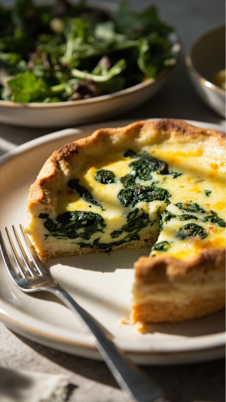 A round crustless quiche on a pale plate with a slice showing a rich green swirl of spinach inside. A small bowl of mixed greens sits beside it and a fork rests on the plate.