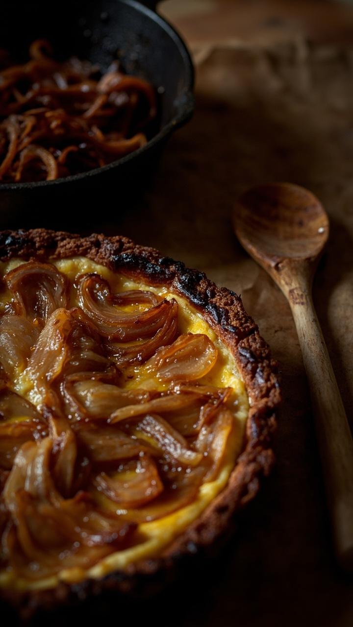 A quiche with a dark golden top and visible ribbons of caramelized onion. A small skillet with remaining onions sits beside the quiche and a wooden spoon leans on the skillet.