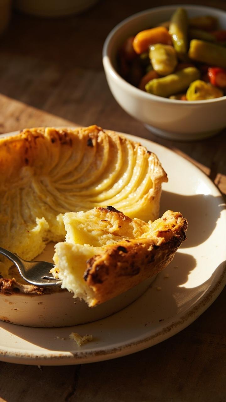 A rustic quiche in a shallow ceramic dish with thin potato slices layered on top and golden edges. A fork with a piece of quiche is resting on the plate and a small bowl of pickled vegetables sits nearby.