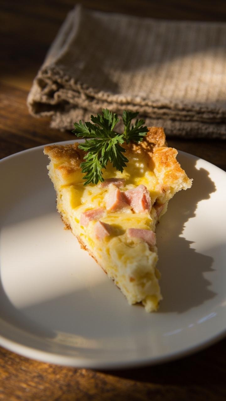 A single slice of golden quiche on a white ceramic plate. The flaky crust is crisp at the edge. The custard is pale yellow with pockets of melted Swiss and pink ham cubes visible. A small sprig of parsley rests on the slice. A linen napkin and a wooden table in soft natural light complete the scene.