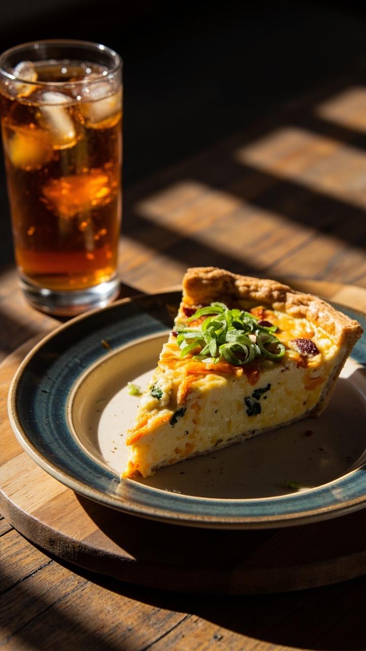 A wedge of quiche on a blue-rimmed plate. The custard has orange ribbons of melted cheddar and green flecks of scallion. Small scallion pieces are sprinkled on top. A glass of iced tea sits beside the plate on a rustic wooden board.