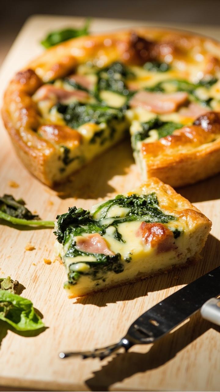 A round quiche on a light wooden board sliced to show a cross section of pale custard with green spinach ribbons and ham pieces. The top is lightly browned and a few wilted spinach leaves sit next to the slice. A fork rests on the board.