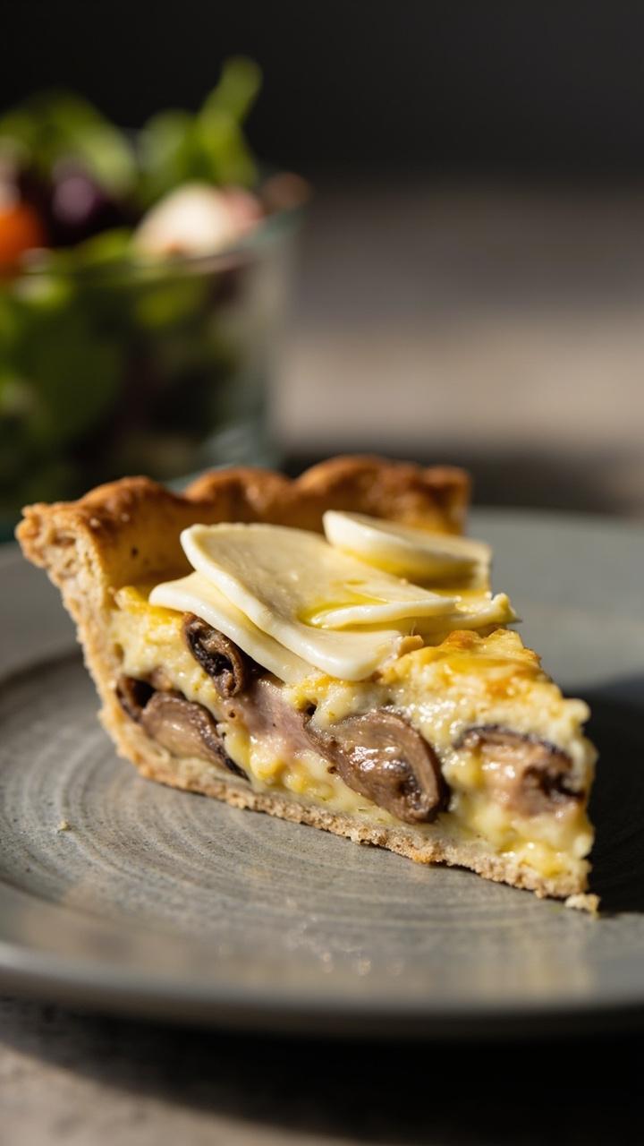 A slice of quiche on a gray ceramic plate. Thinly sliced mushrooms are visible in the custard along with cubes of ham. A few thin slices of Brie have melted into creamy patches on top. A small side salad in a bowl is blurred in the background.