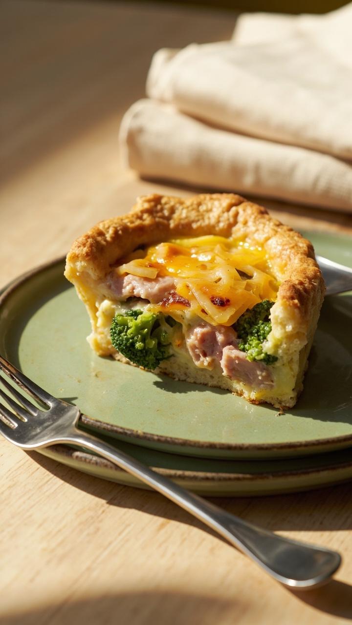 A wedge of quiche on a green salad plate. Visible broccoli florets peep through the custard along with ham pieces and melted cheddar. A small fork and a napkin sit beside the plate on a light wood tabletop.