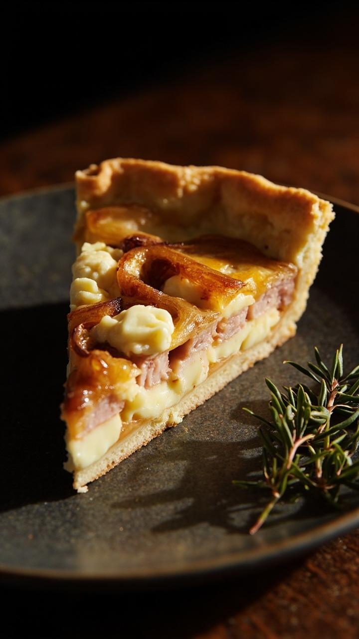 A slice of quiche on a dark plate. Thin ribbons of deep golden caramelized onion swirl through a pale custard dotted with crumbles of white goat cheese and small ham pieces. A sprig of thyme rests on the plate.