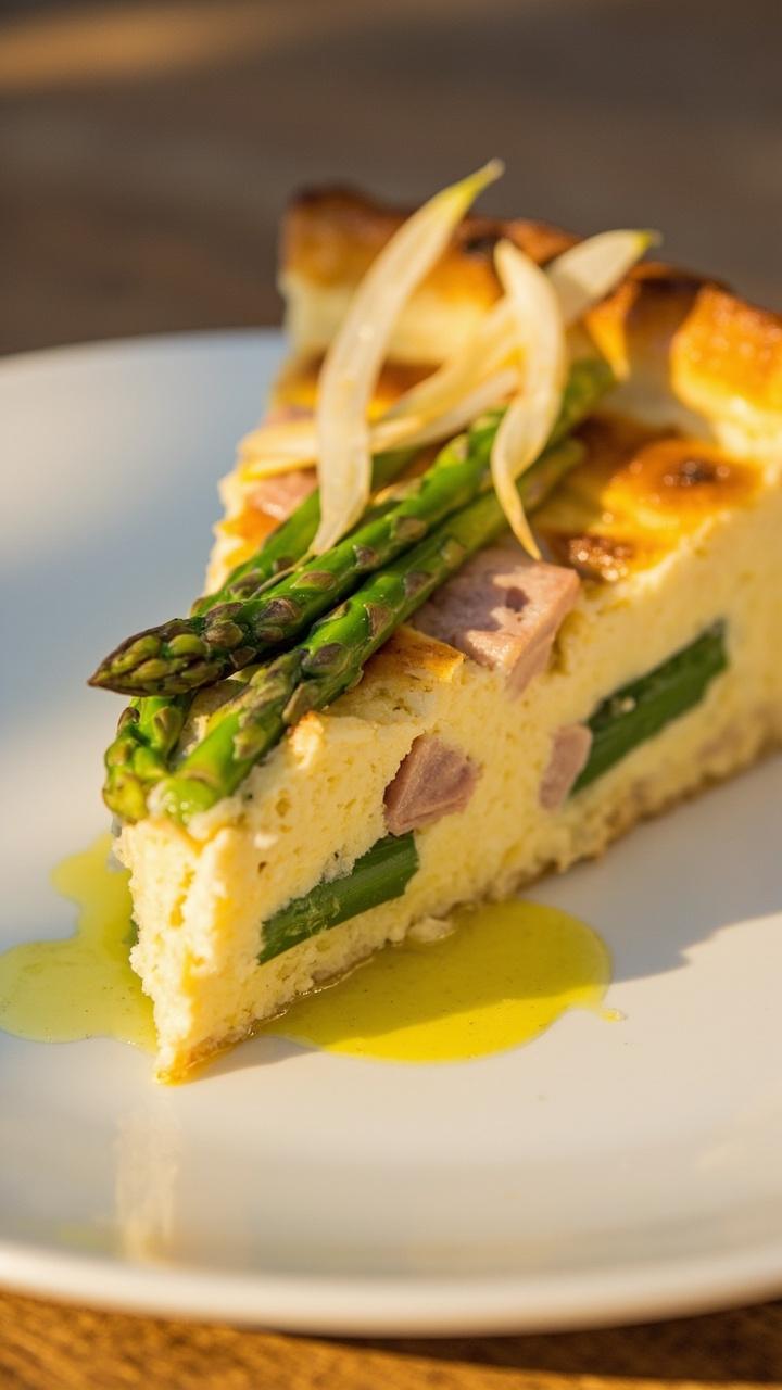 A slice of quiche on a white plate topped with a few tender asparagus tips arranged across the slice. The custard is creamy with thin green asparagus spears and pink ham cubes inside. A light drizzle of olive oil catches the light.