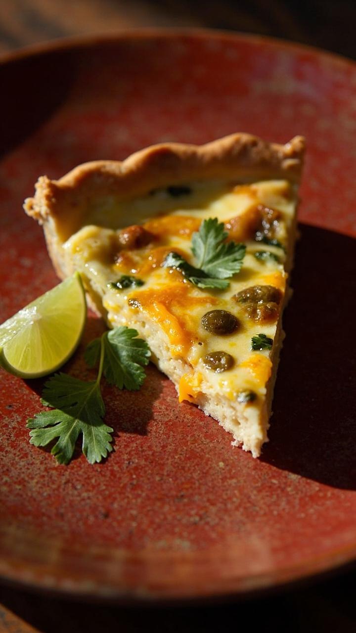 A slice of quiche on a rustic red plate. The custard shows orange specks of pepper jack and small green jalapeno pieces. A few cilantro leaves are scattered on the plate. A wedge of lime is nearby.
