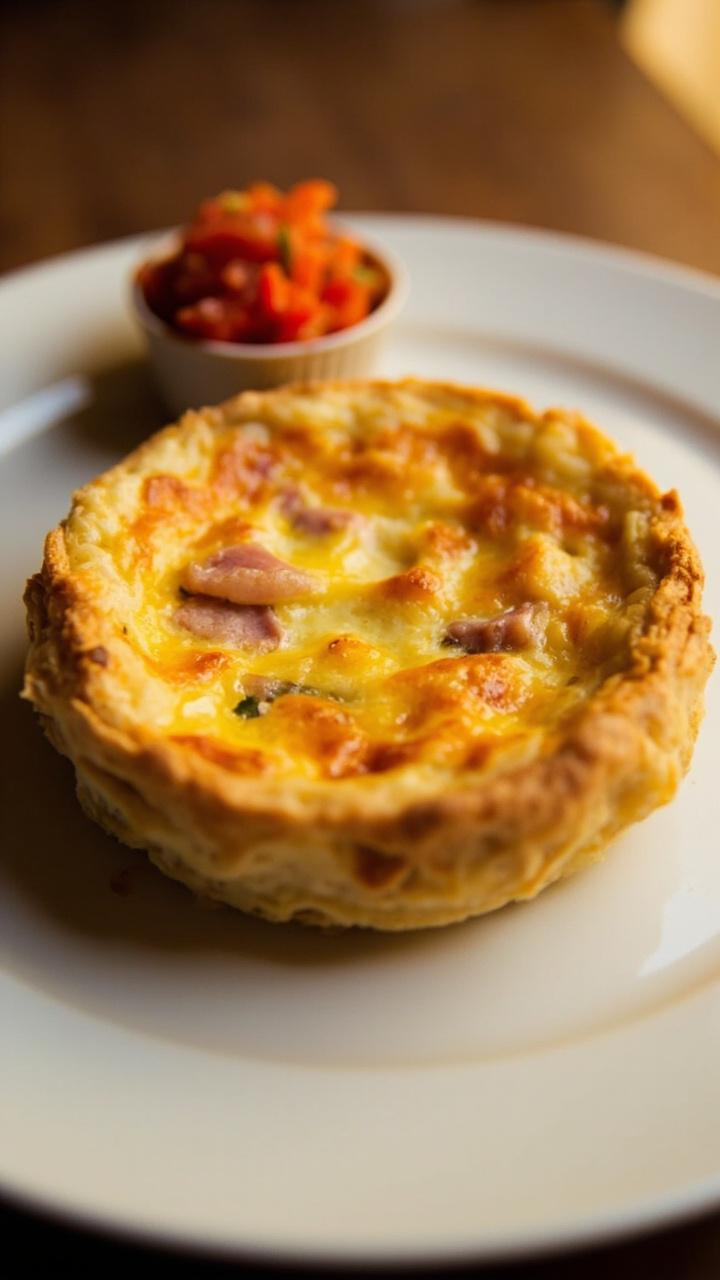 A round, crustless quiche on a simple white plate. The top is deeply golden and slightly puffed with ham and cheese visible in the interior. A small ramekin of salsa sits beside the plate.