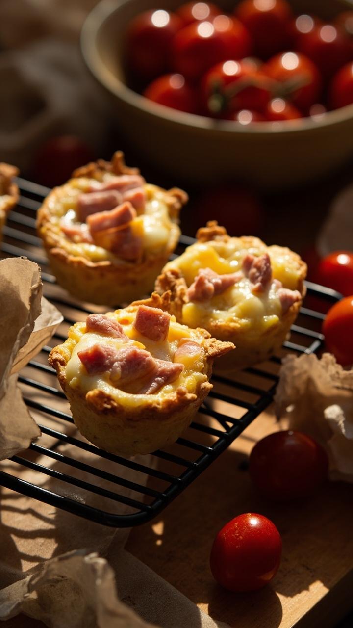 A small cluster of golden mini quiche muffins on a wire rack. Each muffin shows bits of ham and melted cheese. A few muffin liners and a small bowl of cherry tomatoes sit nearby.
