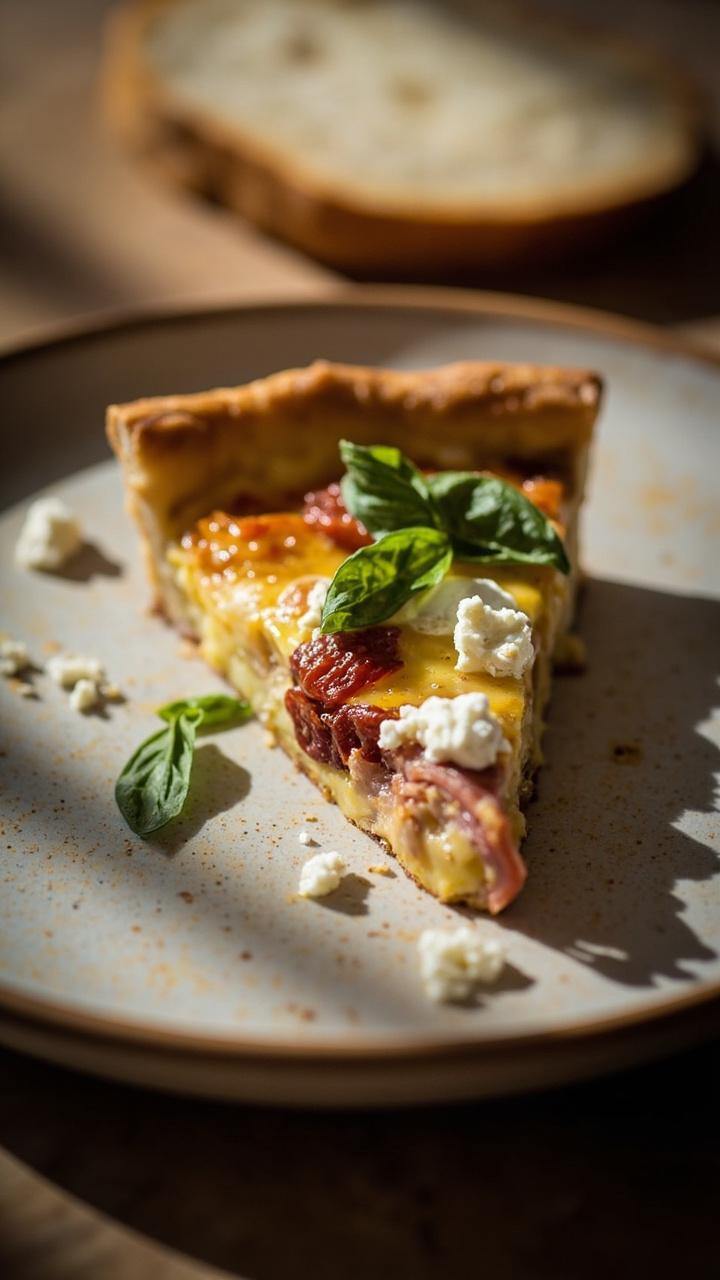 A slice of quiche on a stoneware plate. Crumbled white feta and small sun-dried tomato pieces dot the custard alongside ham. A few torn basil leaves sit on top. A simple bread slice is blurred in the background.