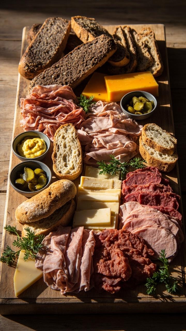 A large wooden board with neat rows of sliced rye and sourdough bread next to stacks of turkey ham and roast beef folded into ribbons plus slices of cheddar and swiss with small bowls of mustard mayo and pickles and sprigs of parsley for color