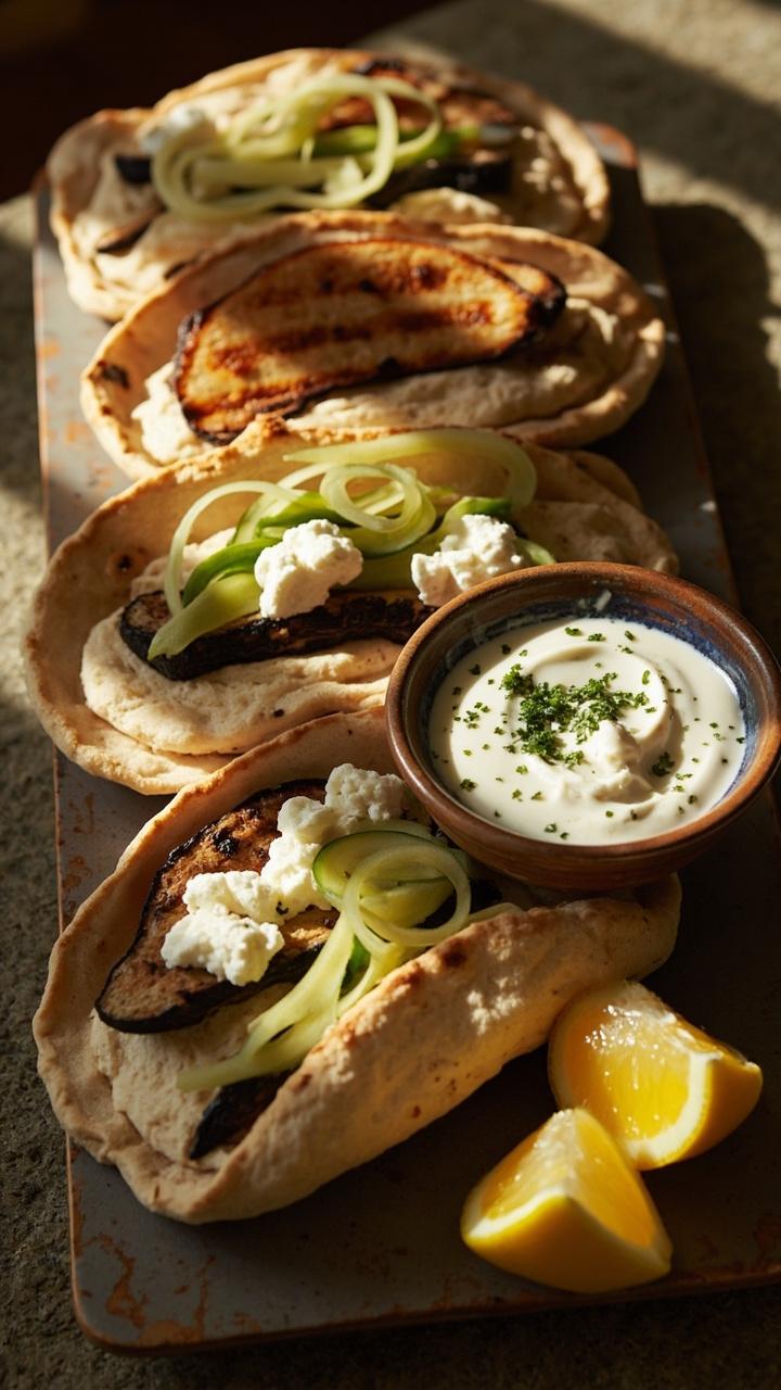Open pita pockets lined on a long tray filled with a spread of hummus grilled eggplant slices cucumber ribbons crumbled feta and a small bowl of tzatziki with lemon wedges on the side