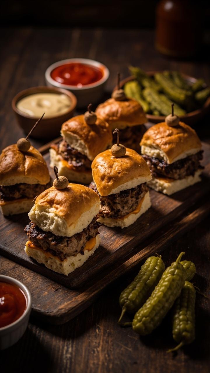 A rustic board with three rows of mini beef turkey and black bean sliders each with small wooden picks next to two ramekins one with ketchup and one with spicy mayo and a handful of cornichons