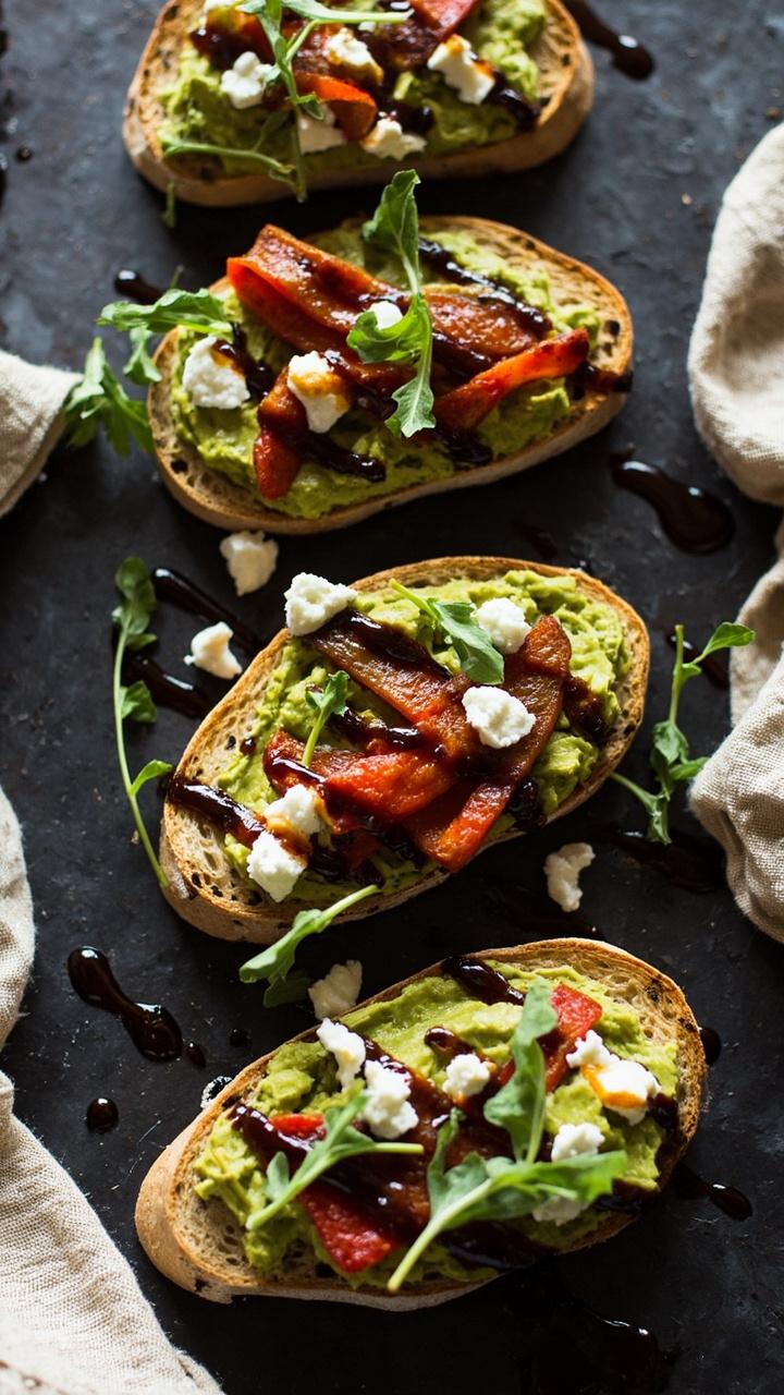 Four slices of sourdough toast topped with mashed avocado roasted red pepper slices crumbled goat cheese arugula and a drizzle of balsamic glaze arranged on a slate platter with a linen napkin