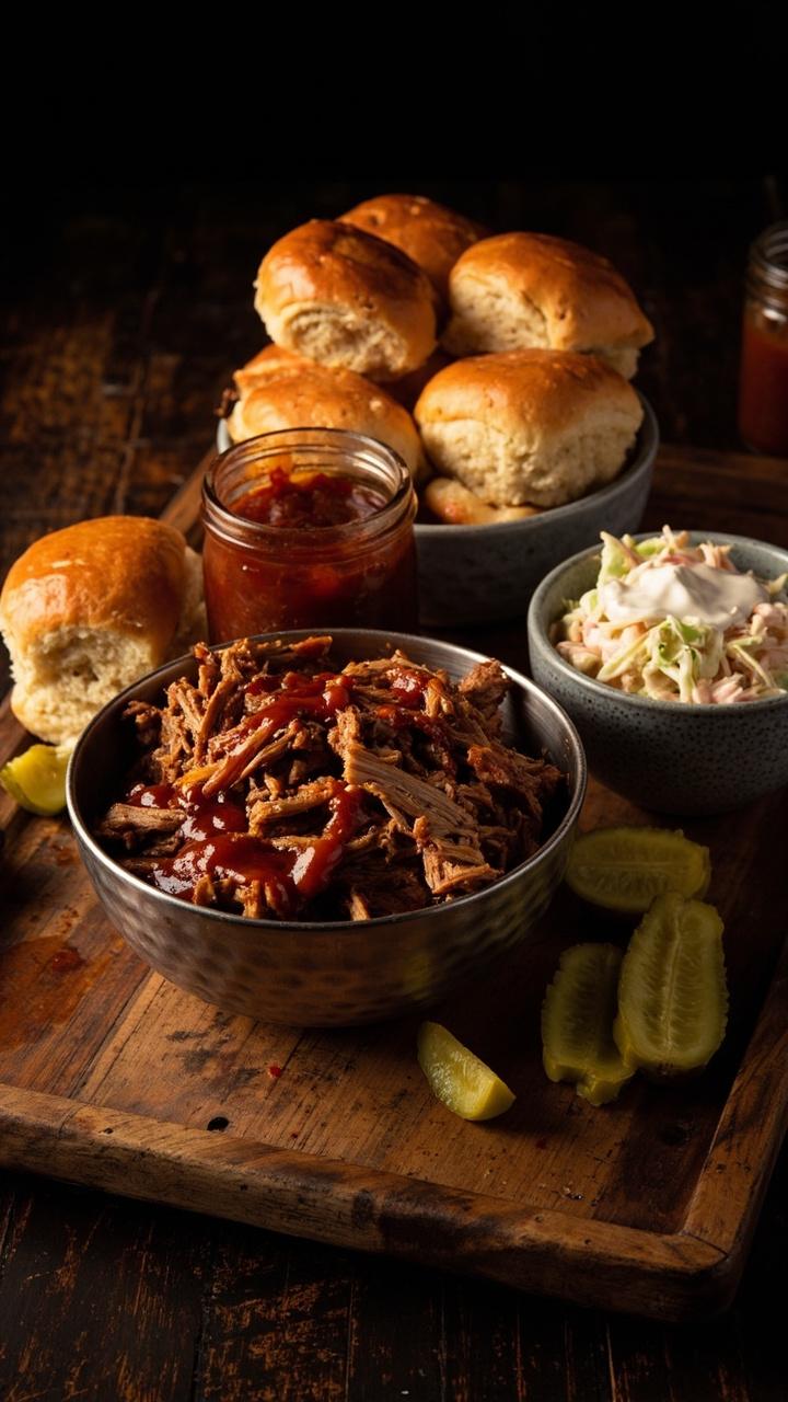 A low wooden tray with a metal bowl of saucy pulled pork a stack of mini brioche buns a small bowl of creamy coleslaw and a jar of extra BBQ sauce with pickle slices scattered nearby
