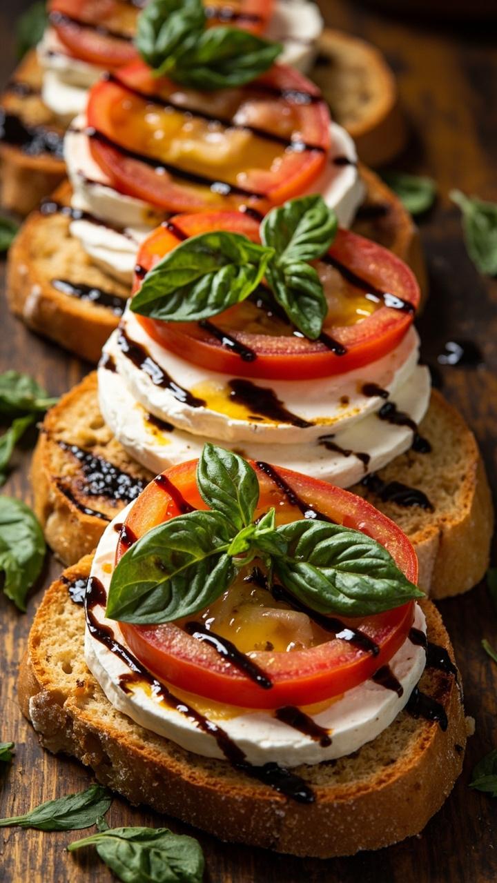 Toasted baguette slices arranged in a fan topped with alternating slices of fresh mozzarella and tomato basil leaves a light drizzle of olive oil and balsamic glaze with a few basil sprigs for garnish