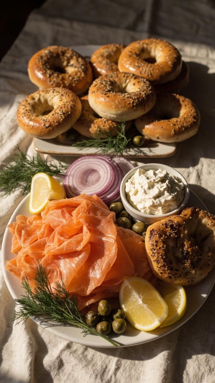 A linen-covered table with a tiered tray of toasted bagel halves a generous mound of smoked salmon a bowl of whipped cream cheese thinly sliced red onion capers lemon wedges and fresh dill sprigs