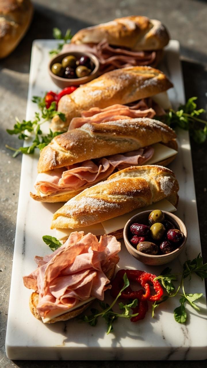 A long marble board lined with halved ciabatta sandwiches each filled with folded prosciutto mortadella and provolone alongside small bowls of marinated olives and roasted peppers and a scattering of arugula