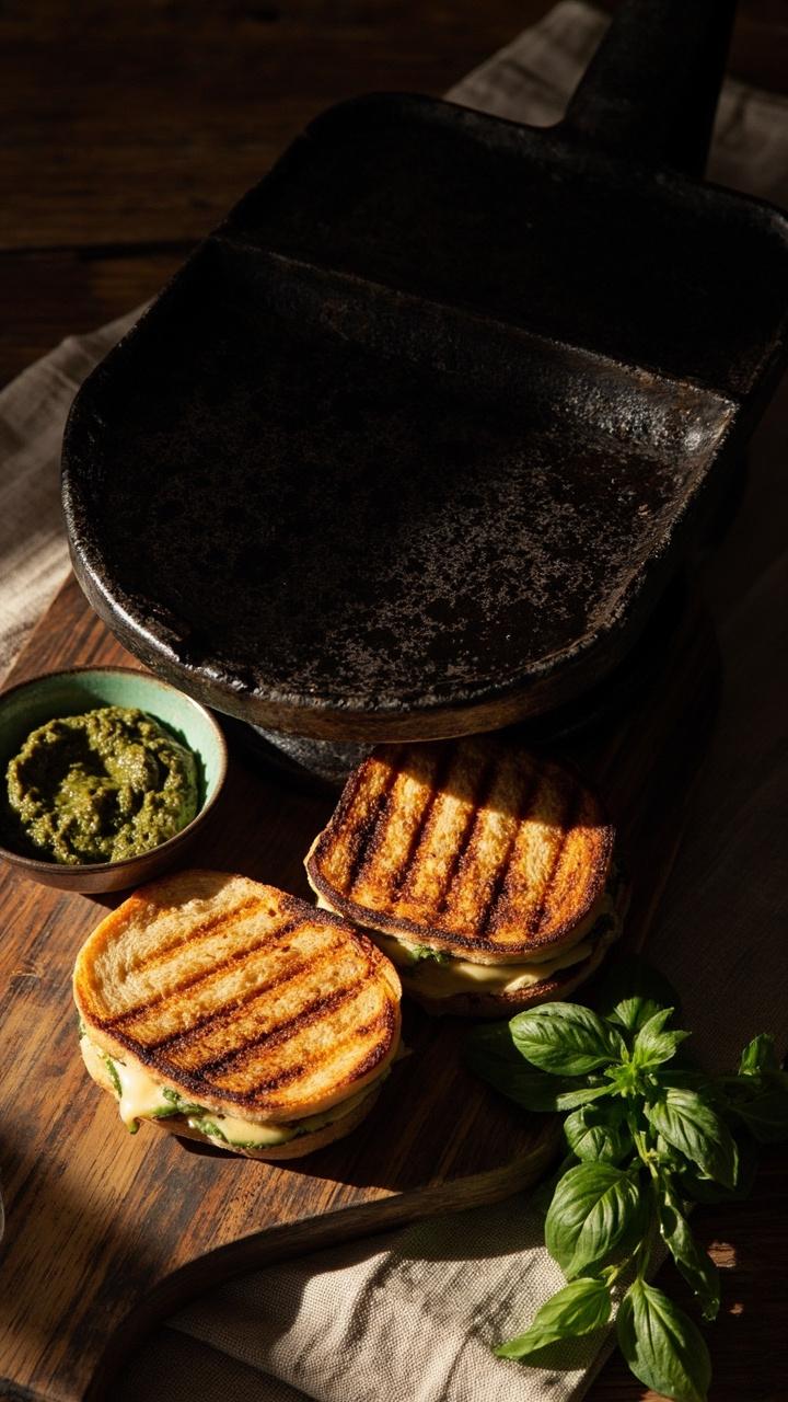 A cast iron press with two golden panini halves displaying clear grill marks on a wooden board next to a small bowl of pesto and a basil sprig with a folded tea towel underneath