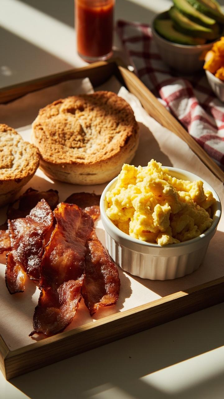 A bright tray with English muffin halves warmed scrambled eggs stacked in a bowl strips of crispy bacon a dish of sliced avocado and a small bottle of hot sauce arranged on a checked napkin