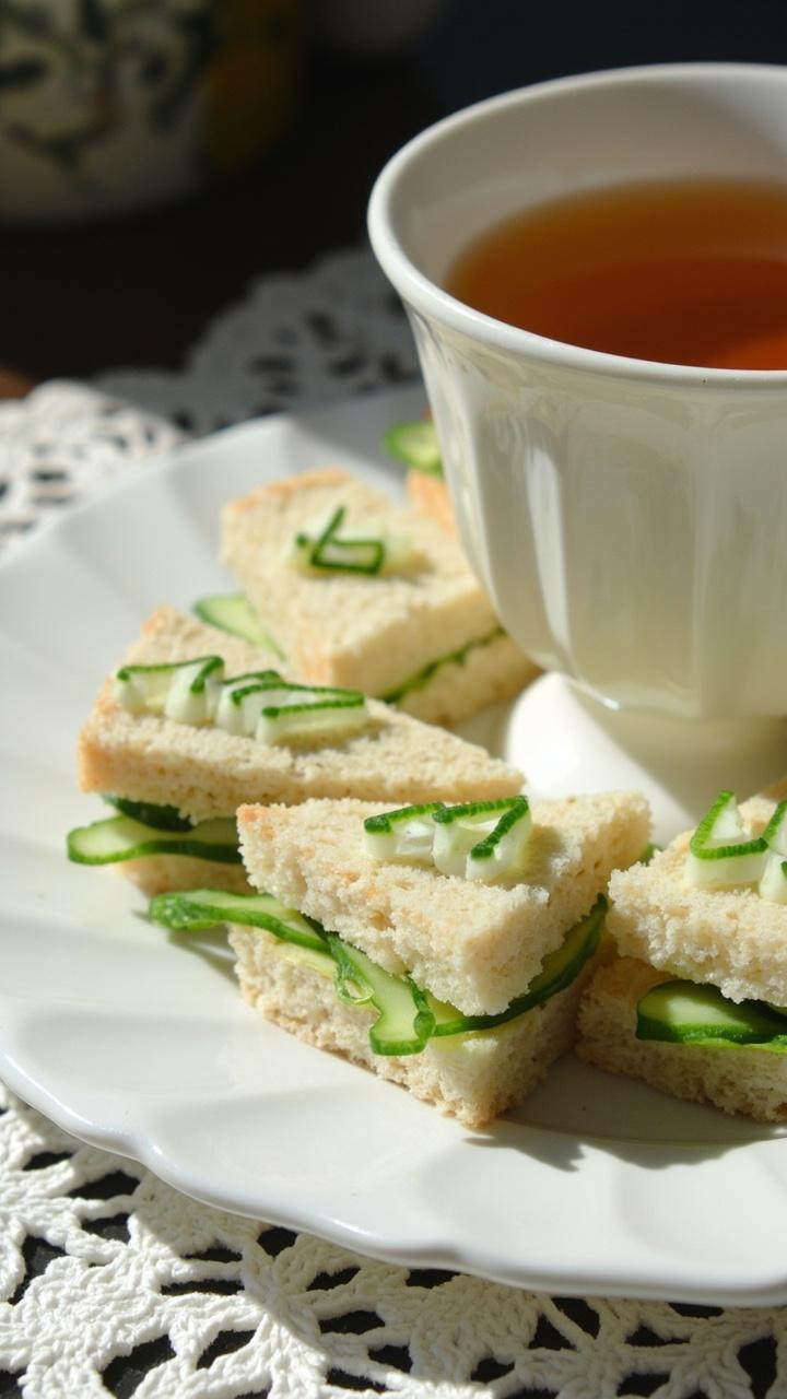 A white china plate lined with crustless triangle tea sandwiches arranged in a circle with thin cucumber slices and a small teacup filled with tea on a saucer and a lace doily underneath