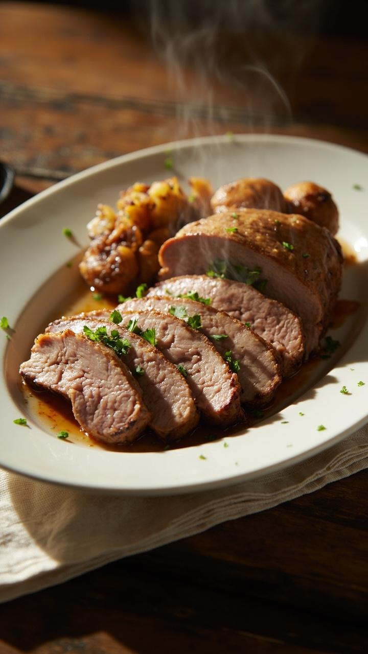 A whole pork tenderloin sliced into medallions arranged fan style on a white oval plate, golden crust visible, a scattering of chopped parsley, a small pile of roasted baby potatoes on one side, a linen napkin and a wooden cutting board under the plate