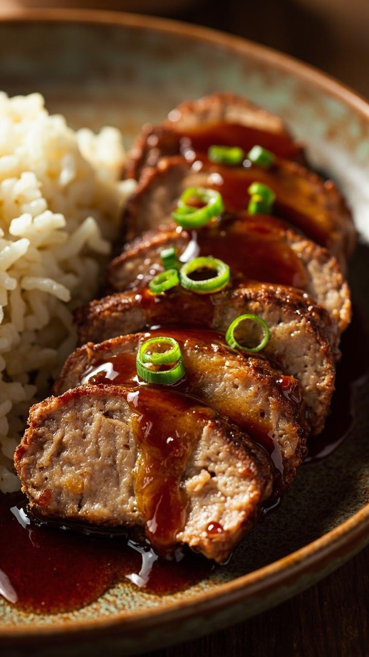 Sliced pork tenderloin glazed with a shiny honey garlic sauce on a round ceramic plate, thinly sliced green onions sprinkled on top, a small mound of white rice beside the pork, a drizzle of sauce pooled at the base