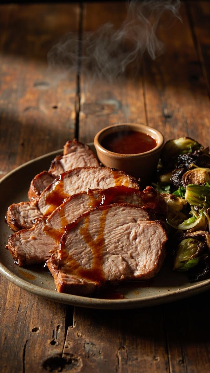 A pork tenderloin sliced into thick rounds with a glossy maple Dijon coating, a small ramekin of extra sauce nearby, roasted Brussels sprouts on the side, the plate set on a rustic wooden table