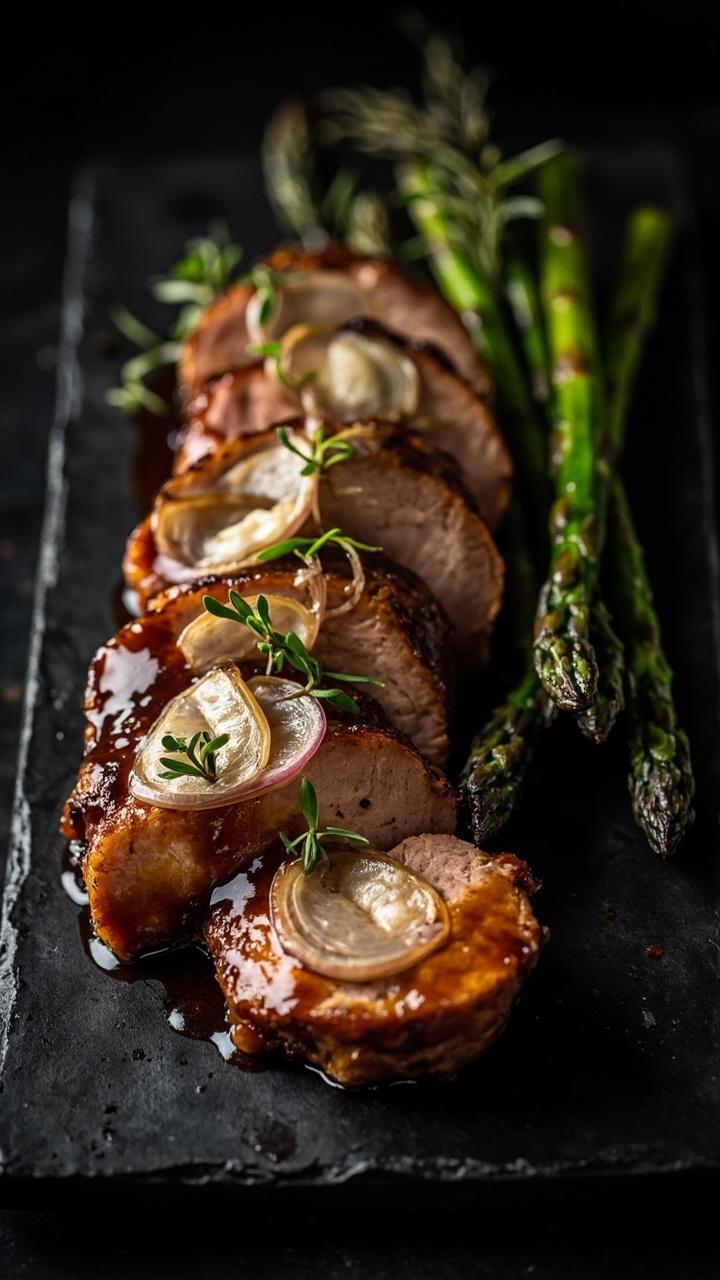 Sliced pork with a deep brown glossy balsamic glaze on a dark rectangular plate, a scattering of thinly sliced shallots and fresh thyme sprigs, roasted asparagus spears on the side