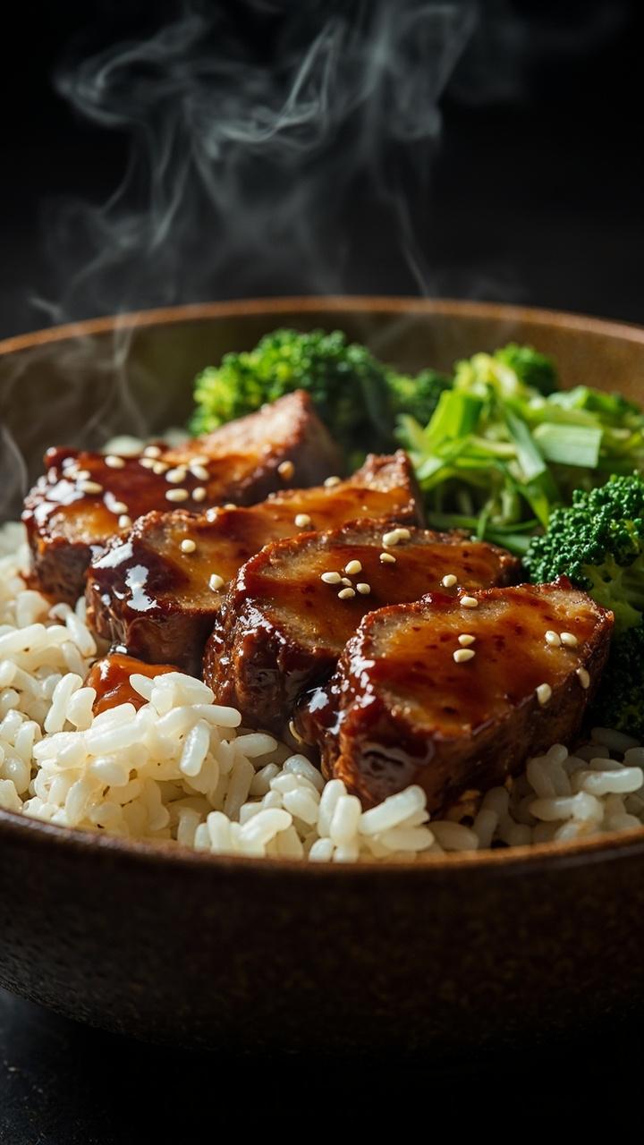 Sliced pork tenderloin with a glossy soy ginger glaze placed on a shallow bowl, a bed of jasmine rice under the pork, a few steamed broccoli florets, sesame seeds and sliced scallions sprinkled over the top